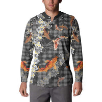 Black Palaka Hawaiian And Japanese Button Sweatshirt Sakura Lei With Koi Fish - Polynesian Pride