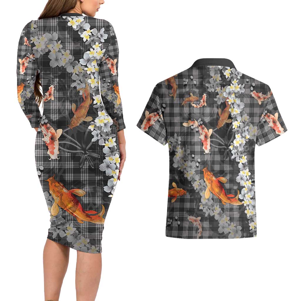 Black Palaka Hawaiian And Japanese Couples Matching Long Sleeve Bodycon Dress and Hawaiian Shirt Sakura Lei With Koi Fish DT05 - Polynesian Pride