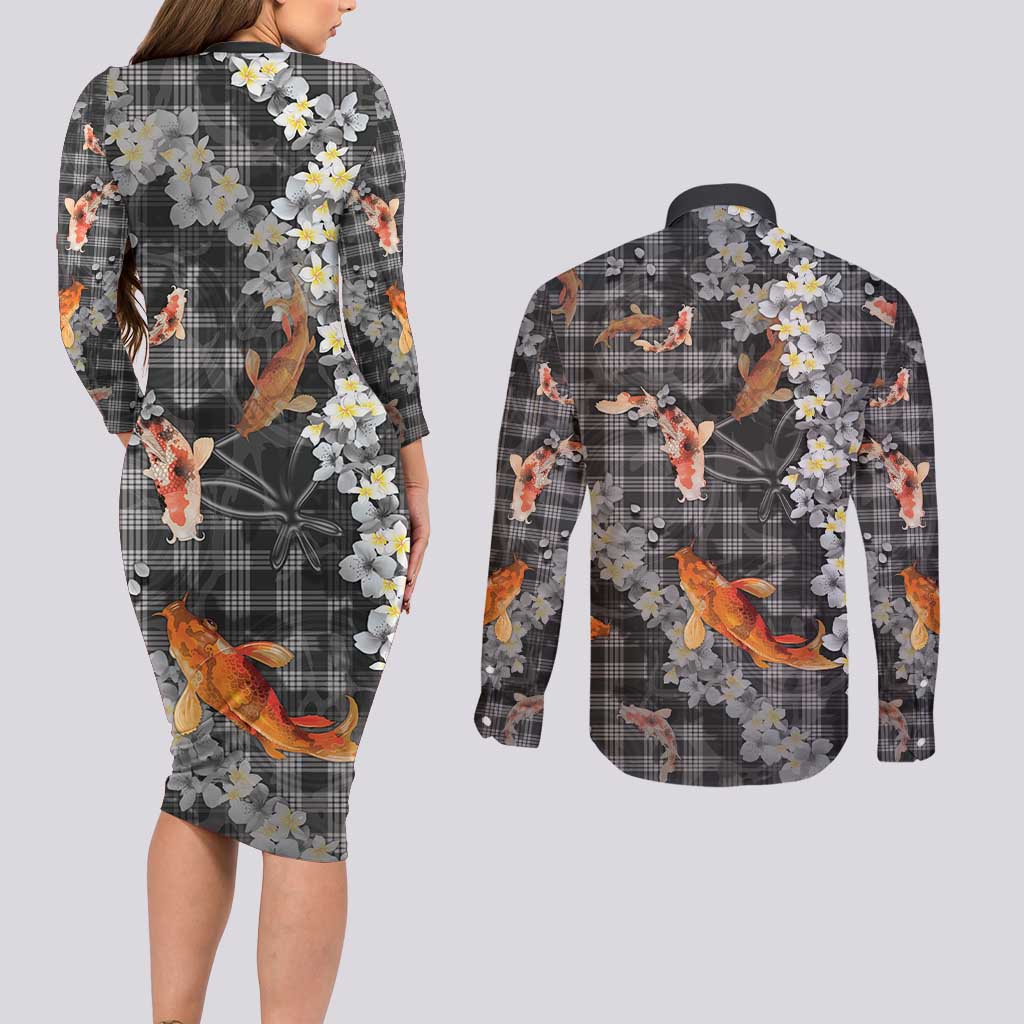 Black Palaka Hawaiian And Japanese Couples Matching Long Sleeve Bodycon Dress and Long Sleeve Button Shirt Sakura Lei With Koi Fish DT05 - Polynesian Pride