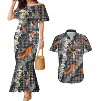 Black Palaka Hawaiian And Japanese Couples Matching Mermaid Dress and Hawaiian Shirt Sakura Lei With Koi Fish DT05 Black - Polynesian Pride