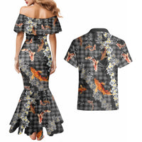 Black Palaka Hawaiian And Japanese Couples Matching Mermaid Dress and Hawaiian Shirt Sakura Lei With Koi Fish DT05 - Polynesian Pride