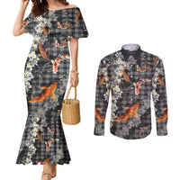 Black Palaka Hawaiian And Japanese Couples Matching Mermaid Dress and Long Sleeve Button Shirt Sakura Lei With Koi Fish DT05 Black - Polynesian Pride