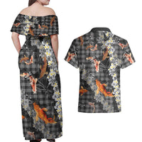 Black Palaka Hawaiian And Japanese Couples Matching Off Shoulder Maxi Dress and Hawaiian Shirt Sakura Lei With Koi Fish DT05 - Polynesian Pride
