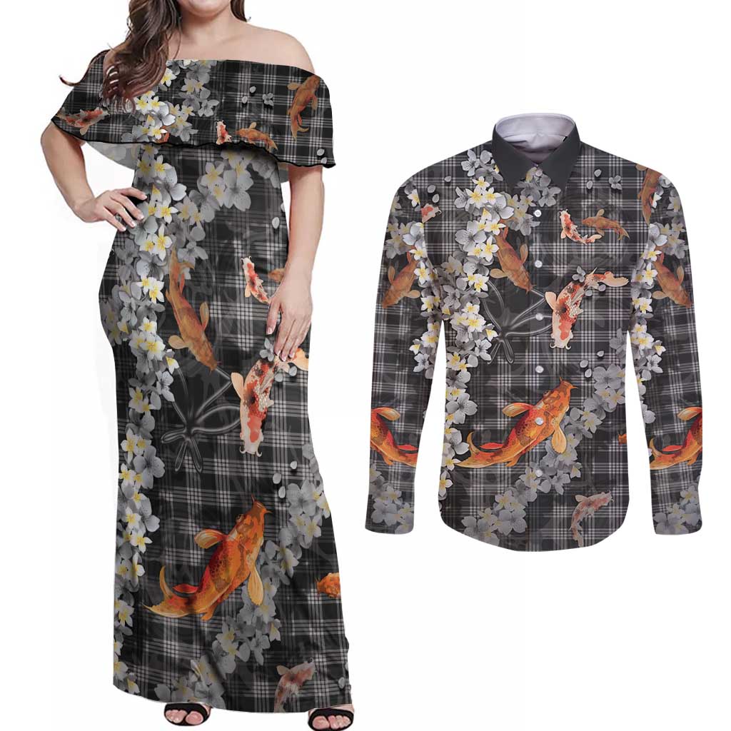 Black Palaka Hawaiian And Japanese Couples Matching Off Shoulder Maxi Dress and Long Sleeve Button Shirt Sakura Lei With Koi Fish DT05 Black - Polynesian Pride