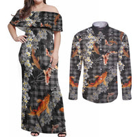 Black Palaka Hawaiian And Japanese Couples Matching Off Shoulder Maxi Dress and Long Sleeve Button Shirt Sakura Lei With Koi Fish DT05 Black - Polynesian Pride