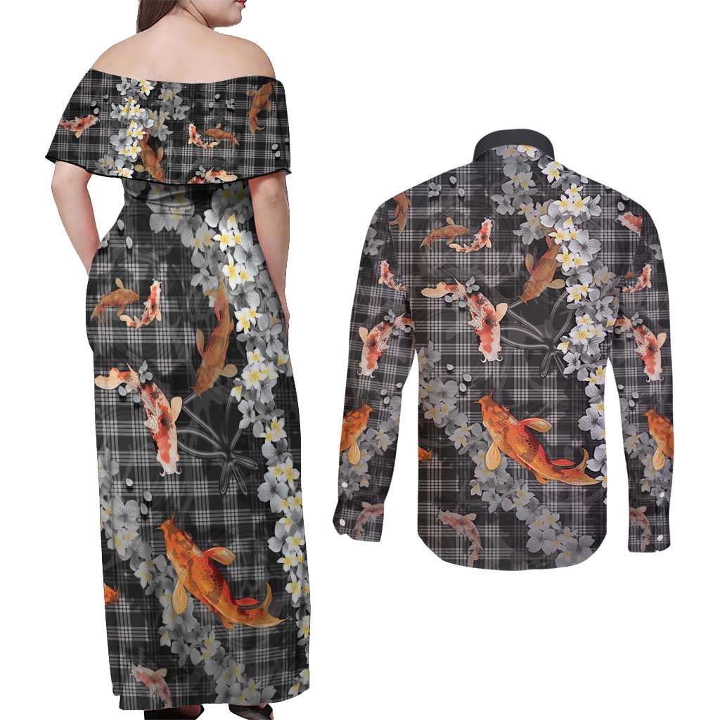 Black Palaka Hawaiian And Japanese Couples Matching Off Shoulder Maxi Dress and Long Sleeve Button Shirt Sakura Lei With Koi Fish DT05 - Polynesian Pride