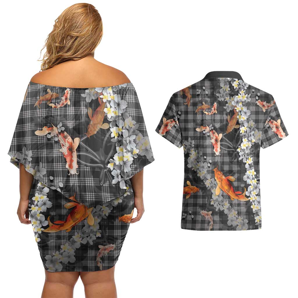 Black Palaka Hawaiian And Japanese Couples Matching Off Shoulder Short Dress and Hawaiian Shirt Sakura Lei With Koi Fish DT05 - Polynesian Pride