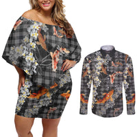 Black Palaka Hawaiian And Japanese Couples Matching Off Shoulder Short Dress and Long Sleeve Button Shirt Sakura Lei With Koi Fish DT05 Black - Polynesian Pride