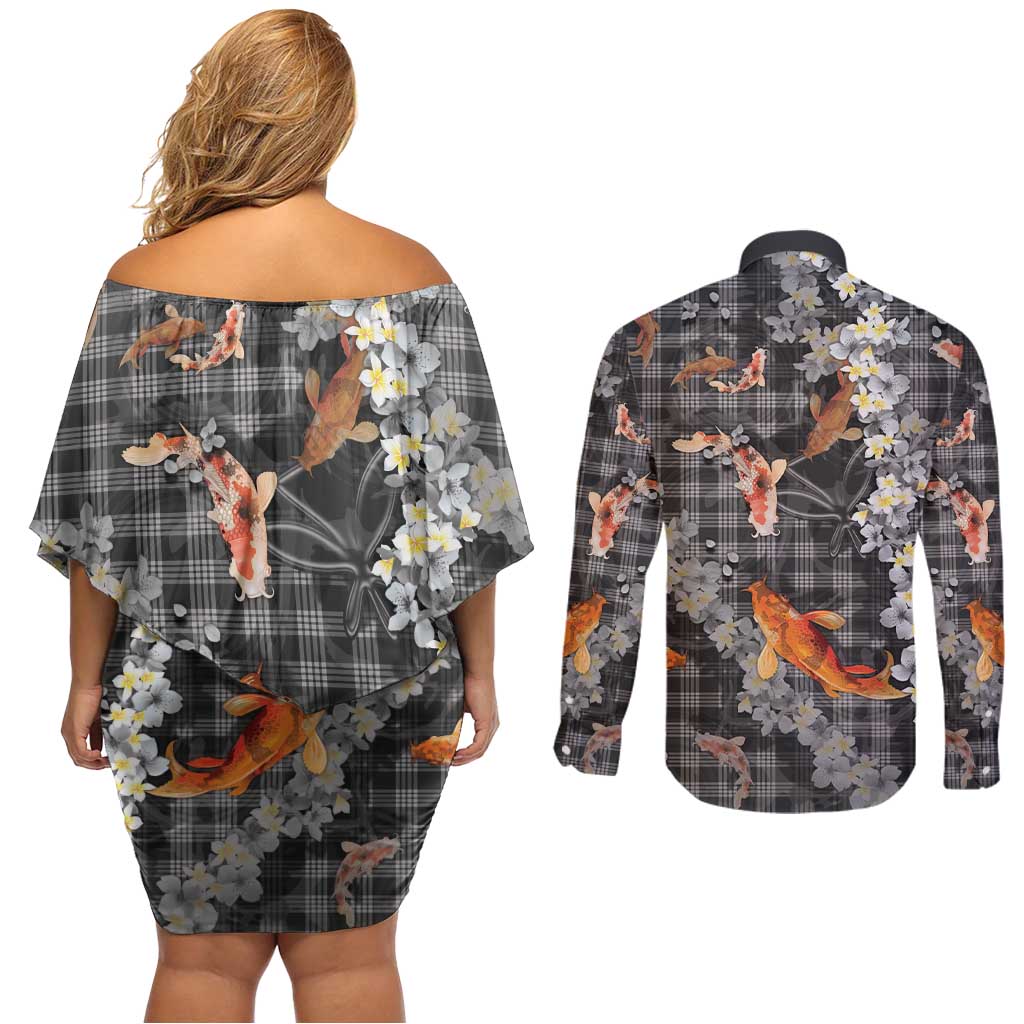 Black Palaka Hawaiian And Japanese Couples Matching Off Shoulder Short Dress and Long Sleeve Button Shirt Sakura Lei With Koi Fish DT05 - Polynesian Pride