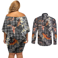 Black Palaka Hawaiian And Japanese Couples Matching Off Shoulder Short Dress and Long Sleeve Button Shirt Sakura Lei With Koi Fish DT05 - Polynesian Pride