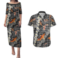 Black Palaka Hawaiian And Japanese Couples Matching Puletasi and Hawaiian Shirt Sakura Lei With Koi Fish DT05 Black - Polynesian Pride
