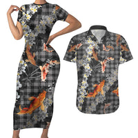 Black Palaka Hawaiian And Japanese Couples Matching Short Sleeve Bodycon Dress and Hawaiian Shirt Sakura Lei With Koi Fish DT05 Black - Polynesian Pride