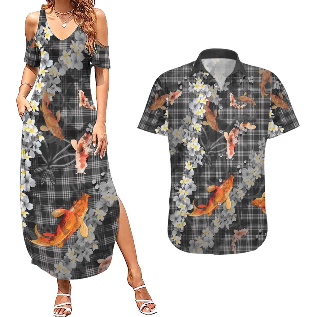 Black Palaka Hawaiian And Japanese Couples Matching Summer Maxi Dress and Hawaiian Shirt Sakura Lei With Koi Fish DT05 Black - Polynesian Pride