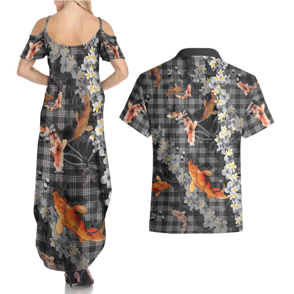 Black Palaka Hawaiian And Japanese Couples Matching Summer Maxi Dress and Hawaiian Shirt Sakura Lei With Koi Fish DT05 - Polynesian Pride
