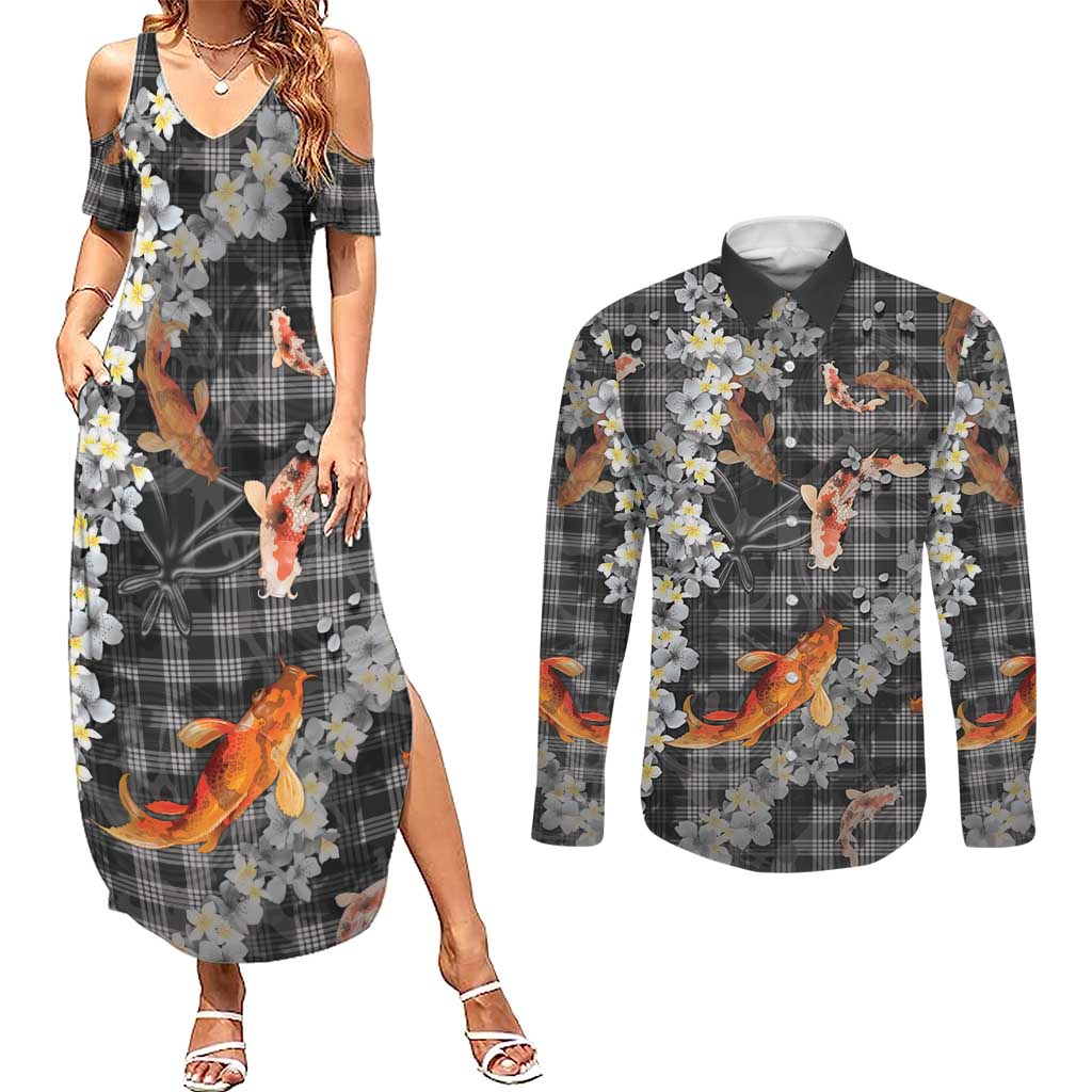 Black Palaka Hawaiian And Japanese Couples Matching Summer Maxi Dress and Long Sleeve Button Shirt Sakura Lei With Koi Fish DT05 Black - Polynesian Pride