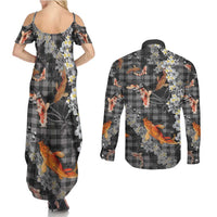 Black Palaka Hawaiian And Japanese Couples Matching Summer Maxi Dress and Long Sleeve Button Shirt Sakura Lei With Koi Fish DT05 - Polynesian Pride