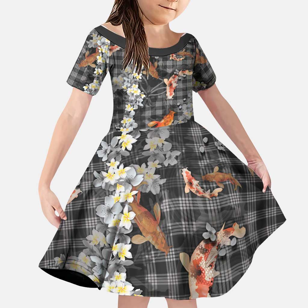 Black Palaka Hawaiian And Japanese Family Matching Long Sleeve Bodycon Dress and Hawaiian Shirt Sakura Lei With Koi Fish DT05 Daughter's Dress Black - Polynesian Pride