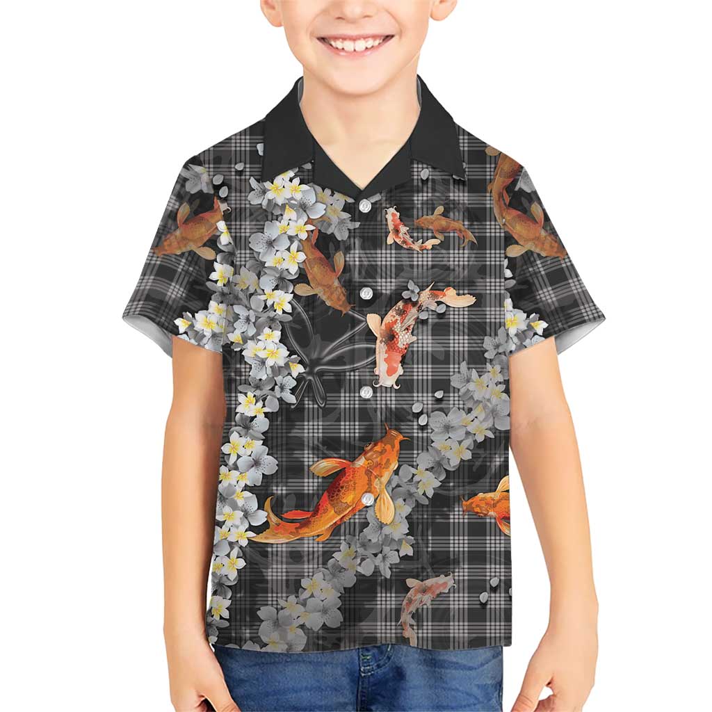 Black Palaka Hawaiian And Japanese Family Matching Mermaid Dress and Hawaiian Shirt Sakura Lei With Koi Fish DT05 Son's Shirt Black - Polynesian Pride
