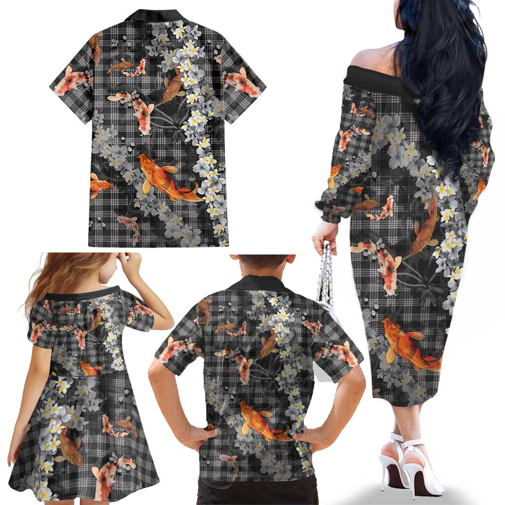 Black Palaka Hawaiian And Japanese Family Matching Off The Shoulder Long Sleeve Dress and Hawaiian Shirt Sakura Lei With Koi Fish DT05 - Polynesian Pride