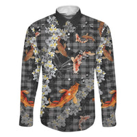 Black Palaka Hawaiian And Japanese Family Matching Off The Shoulder Long Sleeve Dress and Hawaiian Shirt Sakura Lei With Koi Fish DT05 Dad's Shirt - Long Sleeve Black - Polynesian Pride
