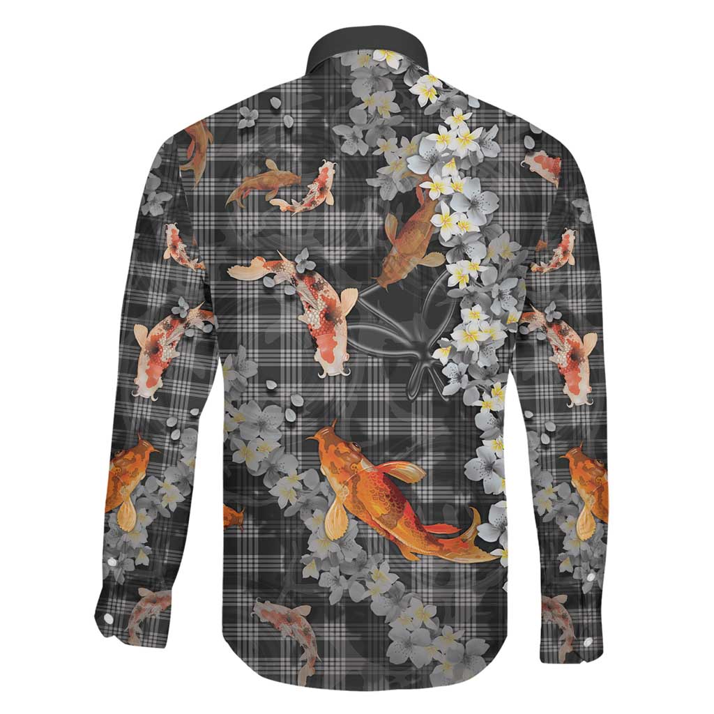 Black Palaka Hawaiian And Japanese Family Matching Off The Shoulder Long Sleeve Dress and Hawaiian Shirt Sakura Lei With Koi Fish DT05 - Polynesian Pride