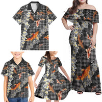 Black Palaka Hawaiian And Japanese Family Matching Off Shoulder Maxi Dress and Hawaiian Shirt Sakura Lei With Koi Fish DT05 - Polynesian Pride