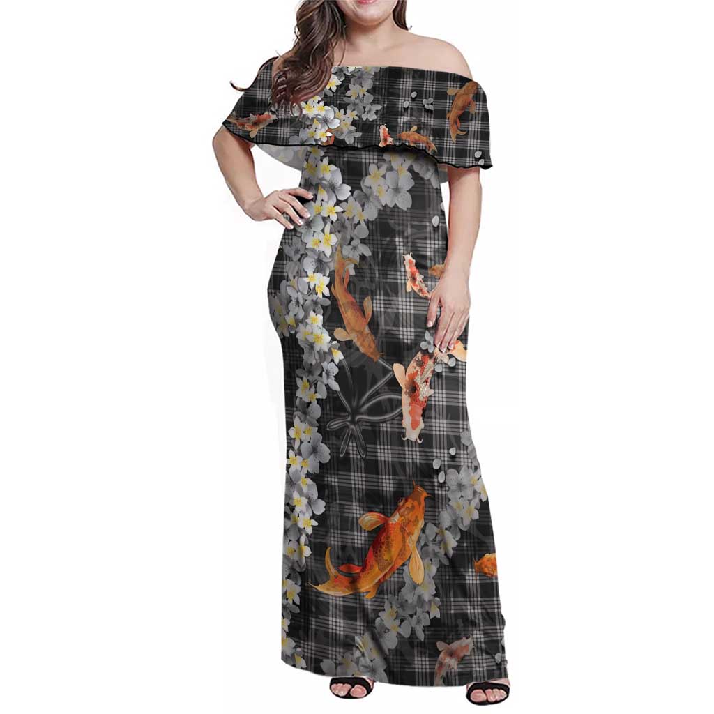 Black Palaka Hawaiian And Japanese Family Matching Off Shoulder Maxi Dress and Hawaiian Shirt Sakura Lei With Koi Fish DT05 Mom's Dress Black - Polynesian Pride