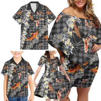 Black Palaka Hawaiian And Japanese Family Matching Off Shoulder Short Dress and Hawaiian Shirt Sakura Lei With Koi Fish DT05 - Polynesian Pride