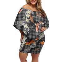 Black Palaka Hawaiian And Japanese Family Matching Off Shoulder Short Dress and Hawaiian Shirt Sakura Lei With Koi Fish DT05 Mom's Dress Black - Polynesian Pride