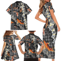 Black Palaka Hawaiian And Japanese Family Matching Short Sleeve Bodycon Dress and Hawaiian Shirt Sakura Lei With Koi Fish DT05 - Polynesian Pride