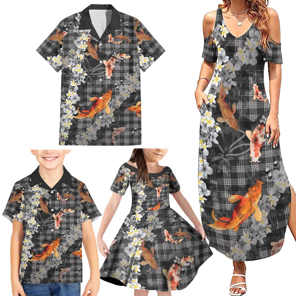 Black Palaka Hawaiian And Japanese Family Matching Summer Maxi Dress and Hawaiian Shirt Sakura Lei With Koi Fish DT05 - Polynesian Pride