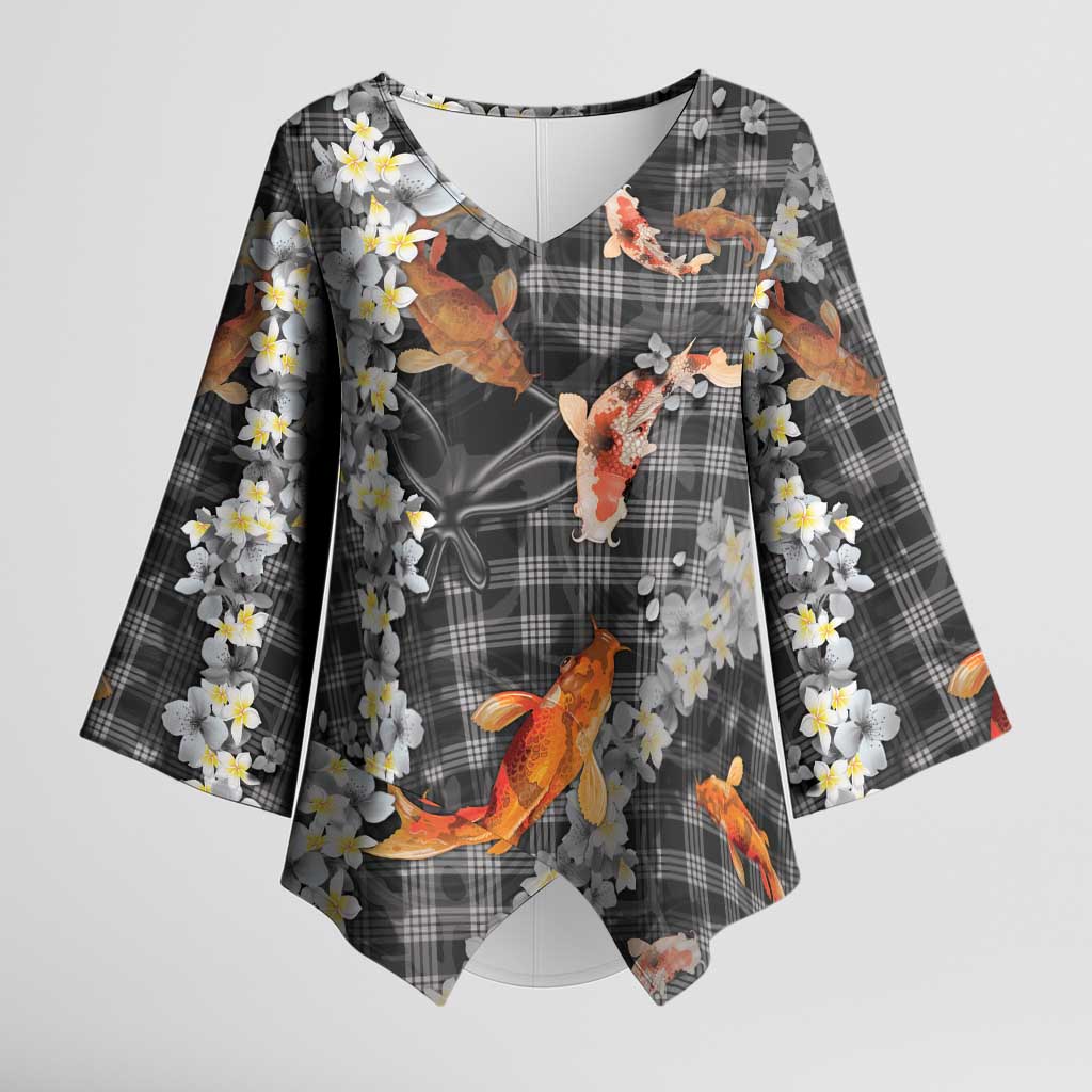 Black Palaka Hawaiian And Japanese Kimono Sleeve Blouse Sakura Lei With Koi Fish DT05 Female Black - Polynesian Pride