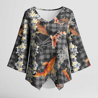 Black Palaka Hawaiian And Japanese Kimono Sleeve Blouse Sakura Lei With Koi Fish DT05 Female Black - Polynesian Pride