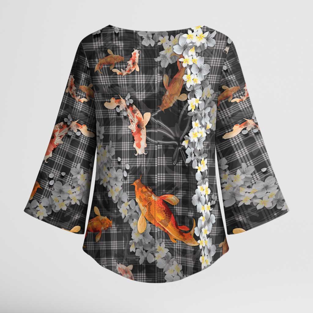 Black Palaka Hawaiian And Japanese Kimono Sleeve Blouse Sakura Lei With Koi Fish DT05 - Polynesian Pride