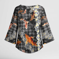 Black Palaka Hawaiian And Japanese Kimono Sleeve Blouse Sakura Lei With Koi Fish DT05 - Polynesian Pride
