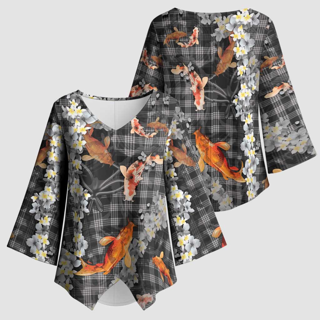 Black Palaka Hawaiian And Japanese Kimono Sleeve Blouse Sakura Lei With Koi Fish DT05 - Polynesian Pride