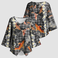 Black Palaka Hawaiian And Japanese Kimono Sleeve Blouse Sakura Lei With Koi Fish DT05 - Polynesian Pride