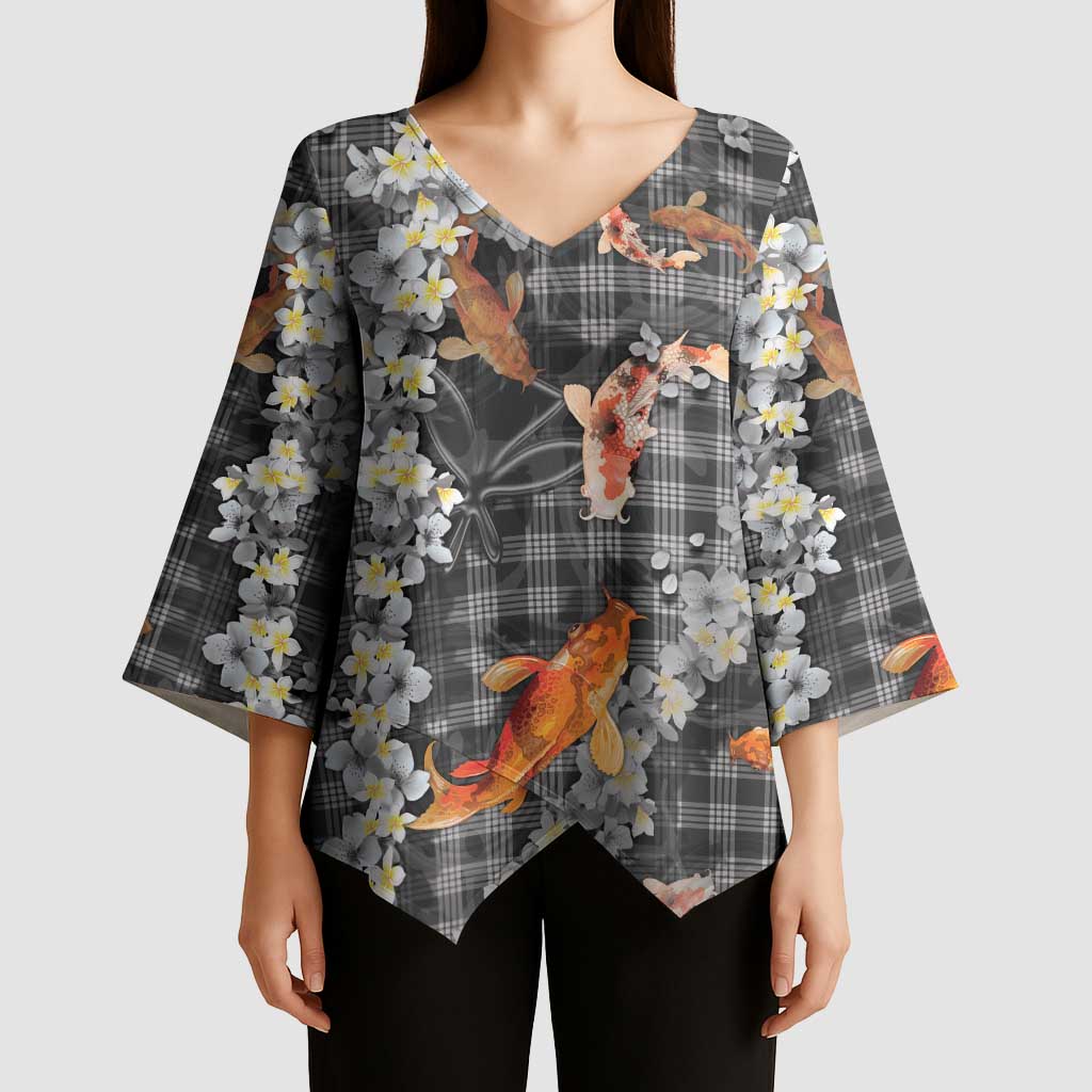 Black Palaka Hawaiian And Japanese Kimono Sleeve Blouse Sakura Lei With Koi Fish DT05 - Polynesian Pride