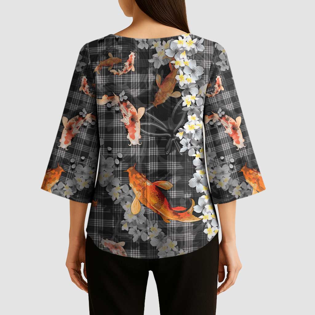 Black Palaka Hawaiian And Japanese Kimono Sleeve Blouse Sakura Lei With Koi Fish DT05 - Polynesian Pride