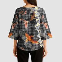 Black Palaka Hawaiian And Japanese Kimono Sleeve Blouse Sakura Lei With Koi Fish DT05 - Polynesian Pride