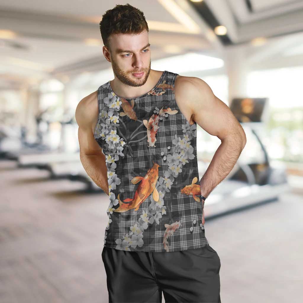 Black Palaka Hawaiian And Japanese Men Tank Top Sakura Lei With Koi Fish DT05 Black - Polynesian Pride