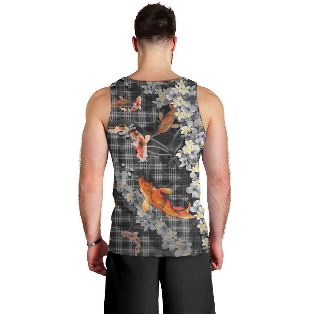 Black Palaka Hawaiian And Japanese Men Tank Top Sakura Lei With Koi Fish DT05 - Polynesian Pride