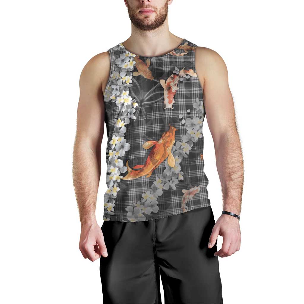 Black Palaka Hawaiian And Japanese Men Tank Top Sakura Lei With Koi Fish DT05 - Polynesian Pride