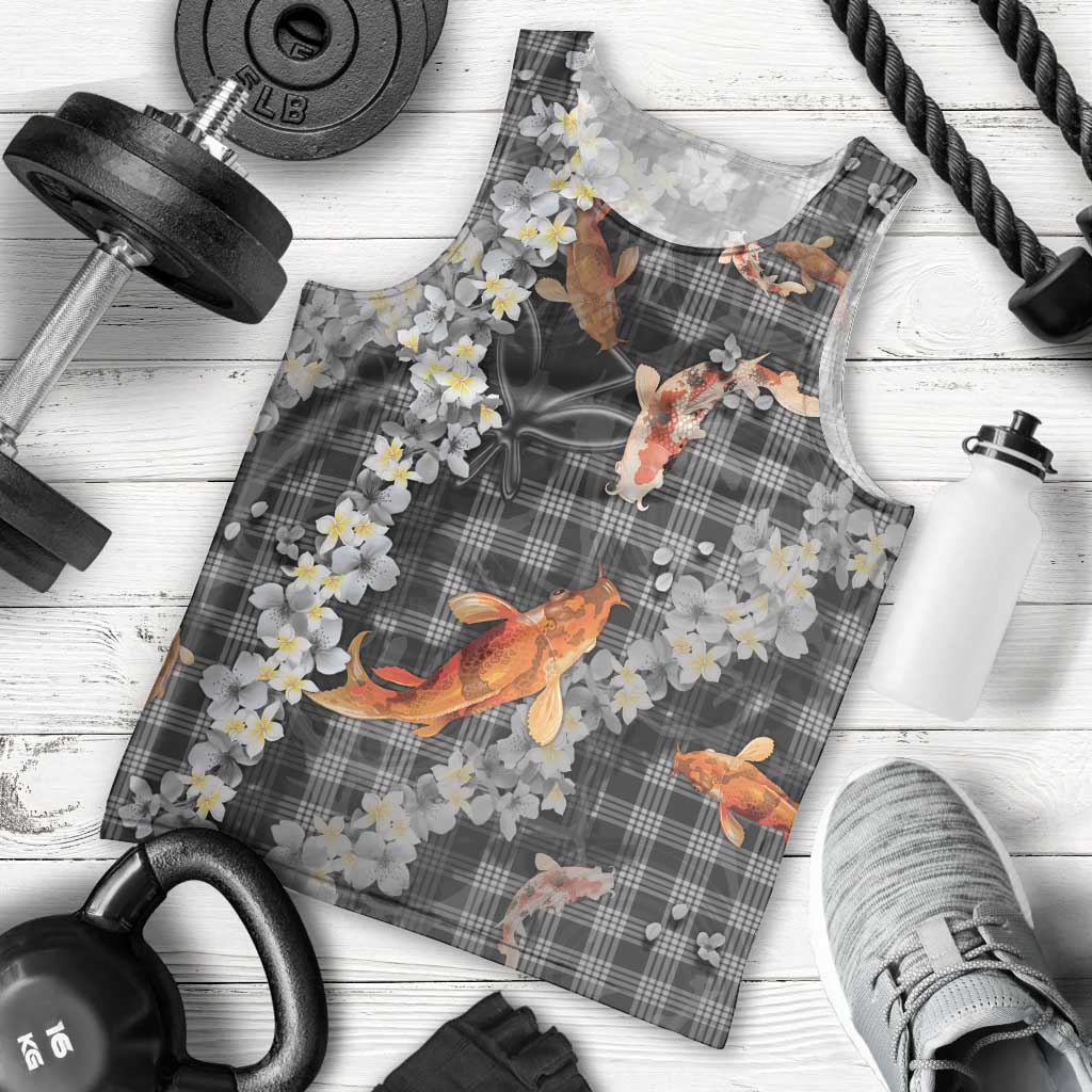Black Palaka Hawaiian And Japanese Men Tank Top Sakura Lei With Koi Fish DT05 - Polynesian Pride