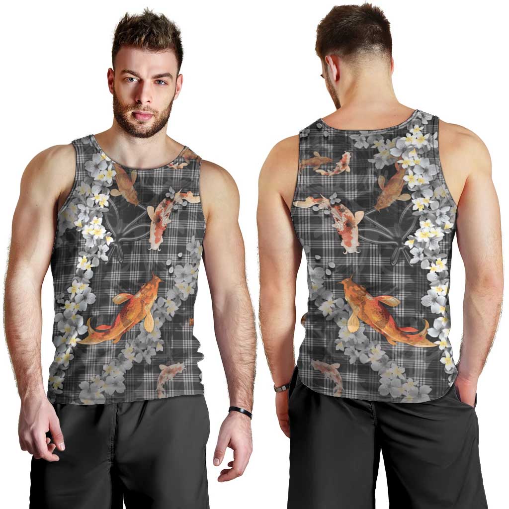 Black Palaka Hawaiian And Japanese Men Tank Top Sakura Lei With Koi Fish DT05 - Polynesian Pride