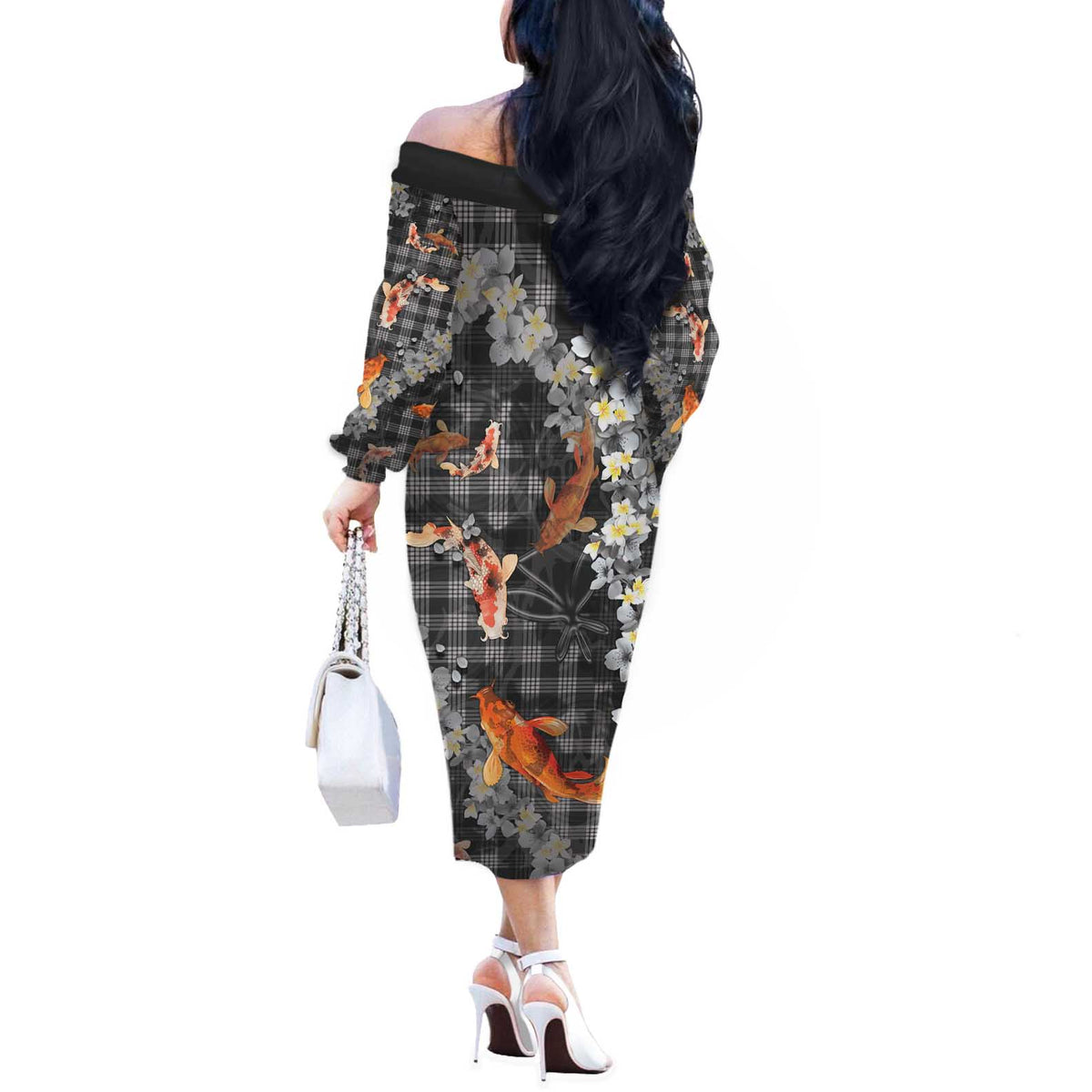 Black Palaka Hawaiian And Japanese Off The Shoulder Long Sleeve Dress Sakura Lei With Koi Fish DT05 - Polynesian Pride