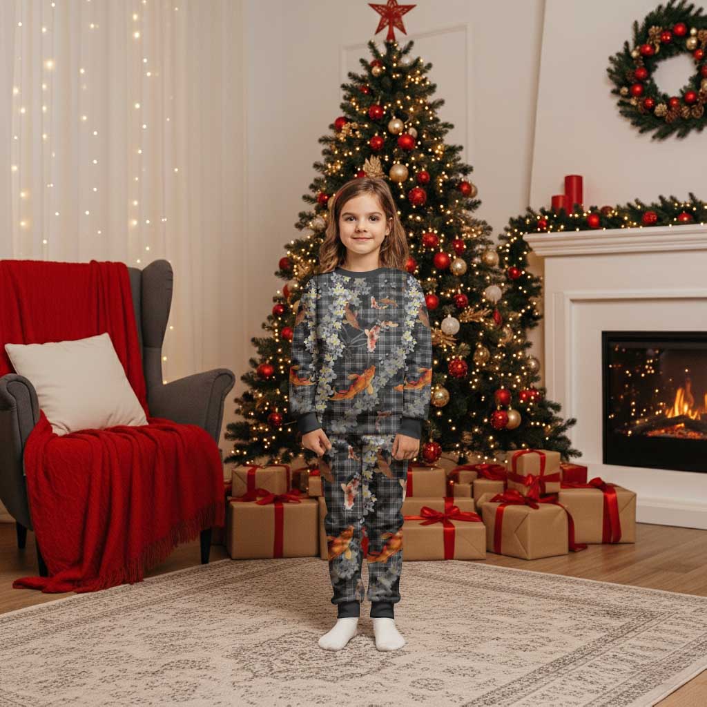 Black Palaka Hawaiian And Japanese Christmas Pajama Set Sakura Lei With Koi Fish DT05 Kid Black - Polynesian Pride