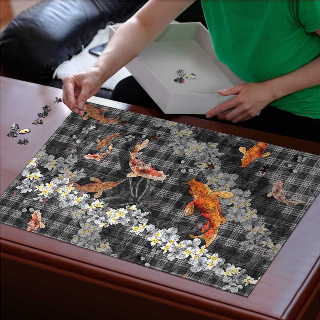 Black Palaka Hawaiian And Japanese Puzzle Sakura Lei With Koi Fish - Polynesian Pride