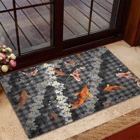 Black Palaka Hawaiian And Japanese Rubber Doormat Sakura Lei With Koi Fish DT05 - Polynesian Pride