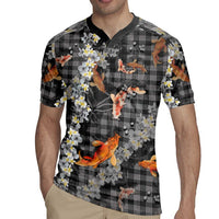 Black Palaka Hawaiian And Japanese Rugby Jersey Sakura Lei With Koi Fish - Polynesian Pride